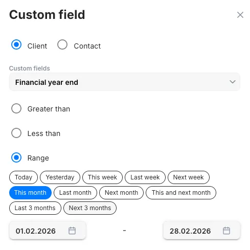 Client custom date field configured with a dynamic, self-updating date range