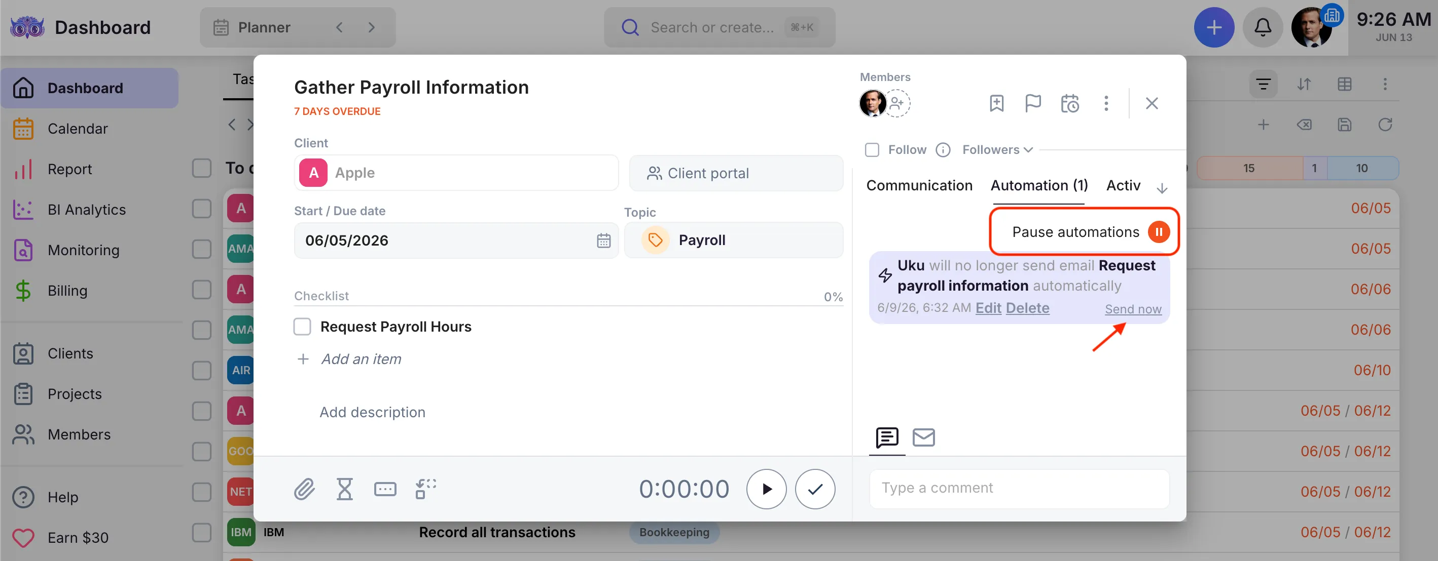 Task with the Automation tab open, showing a Pause automations toggle and a prepared email with a Send now action