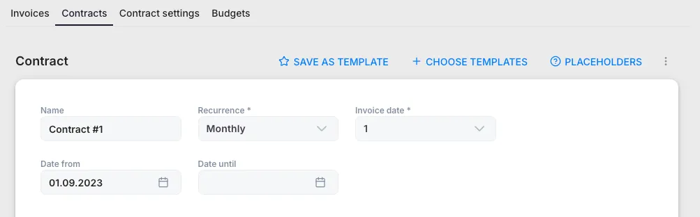 Client billing contracts list with each contract shown by its name