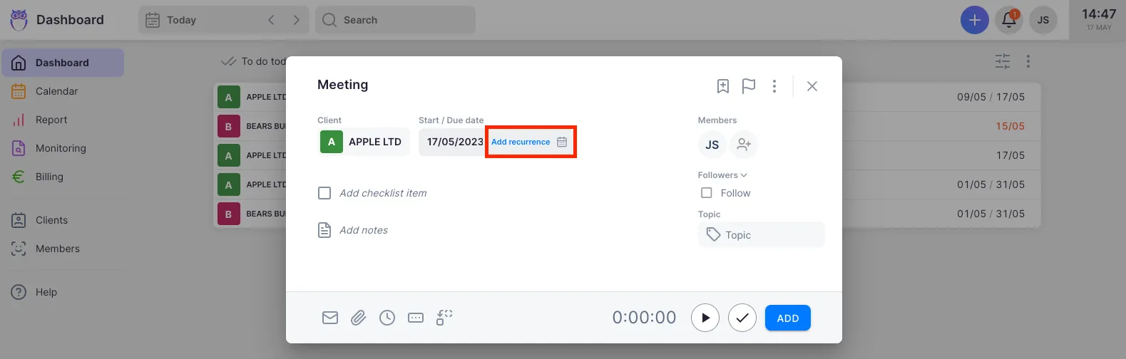 Custom recurrence dialog with Start date, Due date, and Start from fields