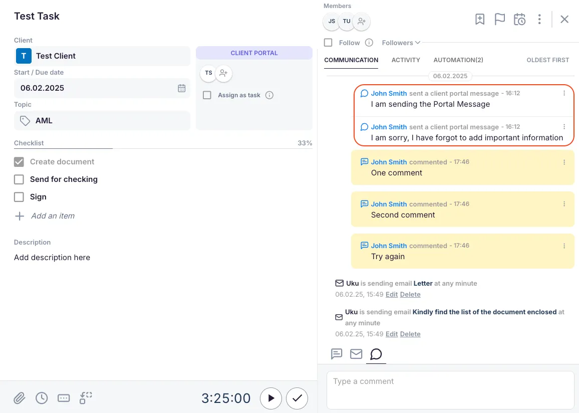 Communication panel showing two Client Portal messages from the team