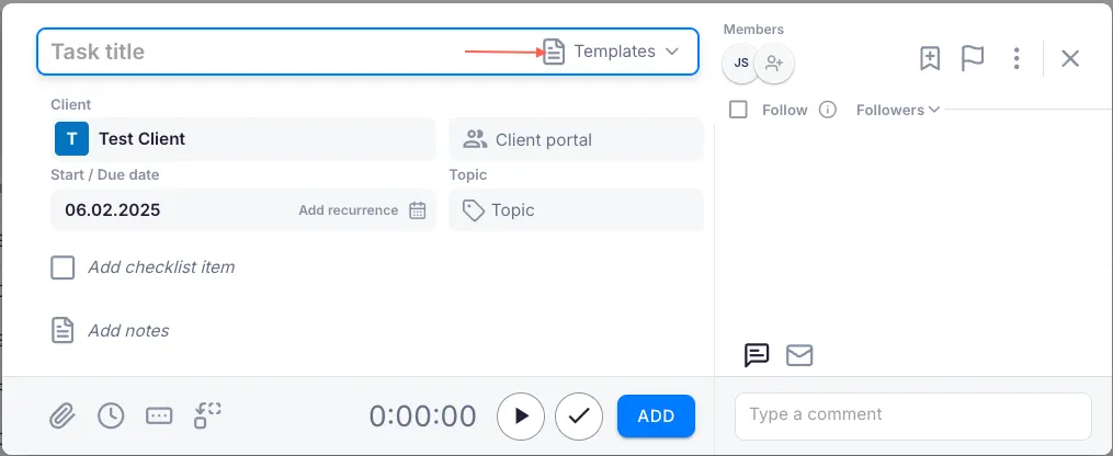 Templates button next to the Title field in the new task window