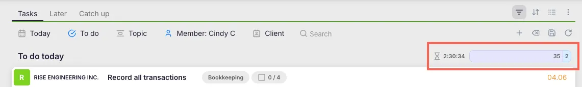 Dashboard progress bar showing estimated time, overdue, to-do, and in-progress task counts