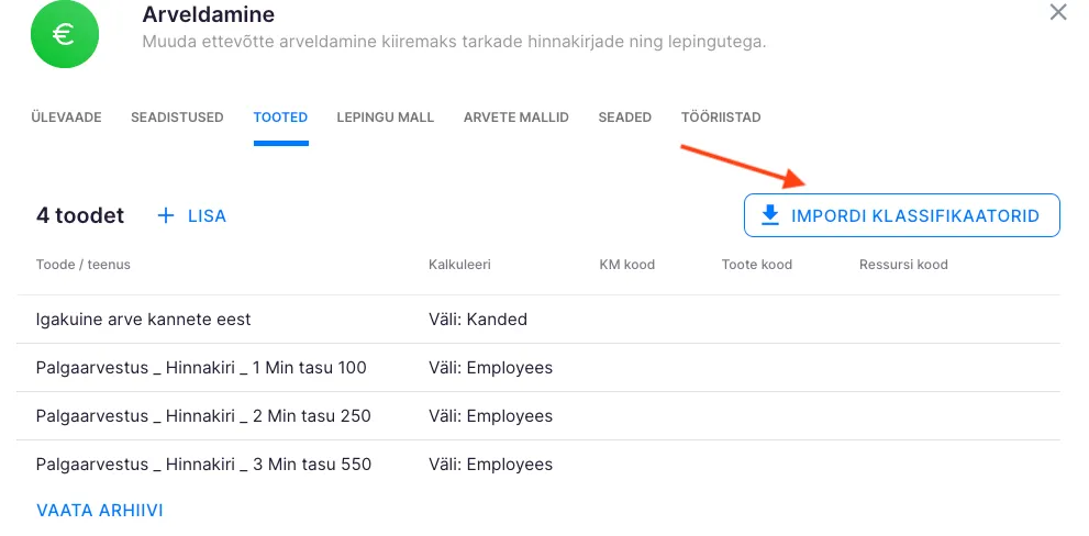 Klassifikaatorite import Tooted vahekaardil